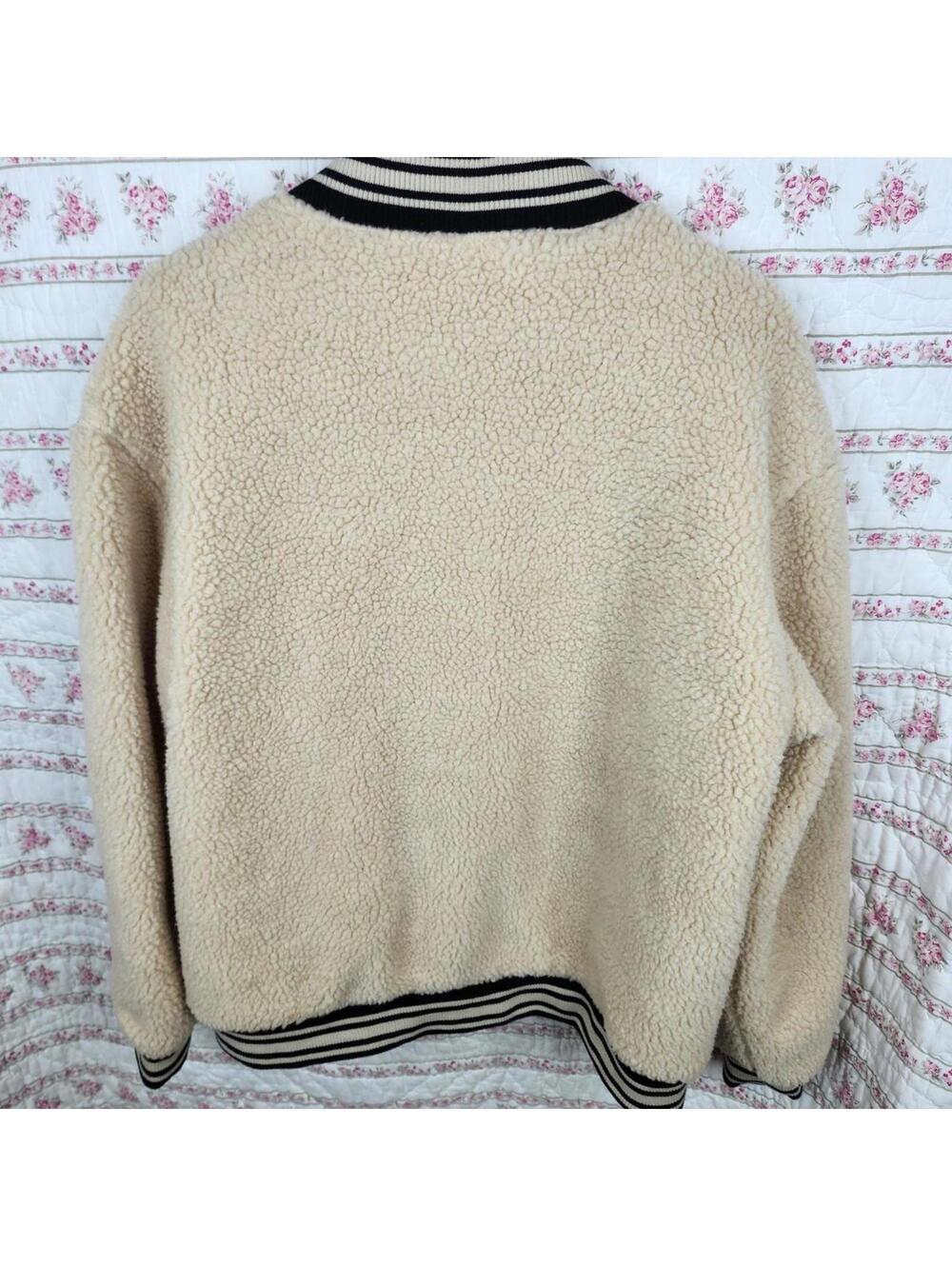 Cozy Women's Beige Fleece Bomber Jacket Striped Ribbed Trim Arizona Jean Co XL - Picture 2 of 8
